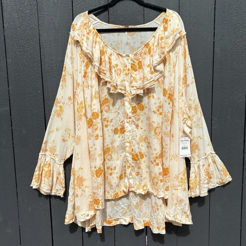 Free People Loretta Tea Combo Boho Floral Tunic Top L Cottage Oversize Ruffl NEW